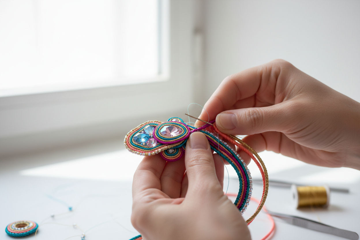 Lavorazione artigianale soutache a mano con cordoncini colorati e cristalli — Shimmershine